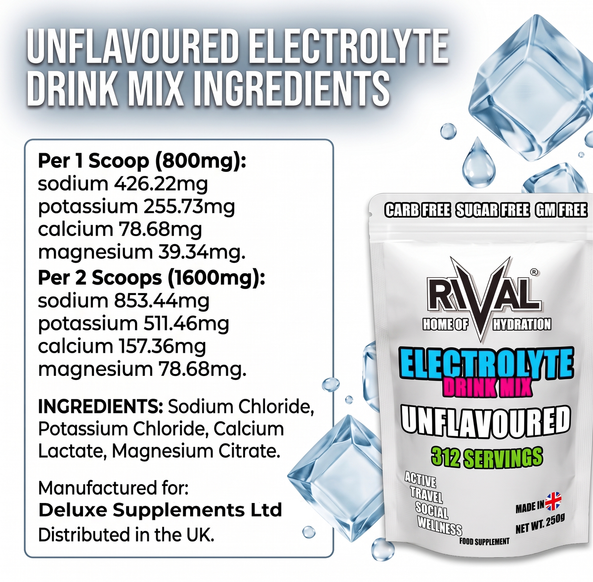 Rival RAW — 100% Pure Unflavoured Electrolytes 250g 312 Servings
